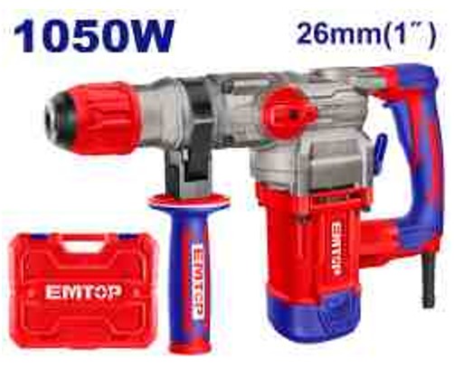 1050W SDS Plus Rotary Hammer 4.5J 1100rpm 3800bpm 26mm Concrete 40mm Wood with 3 Drills 2 Chisels BMC Case
